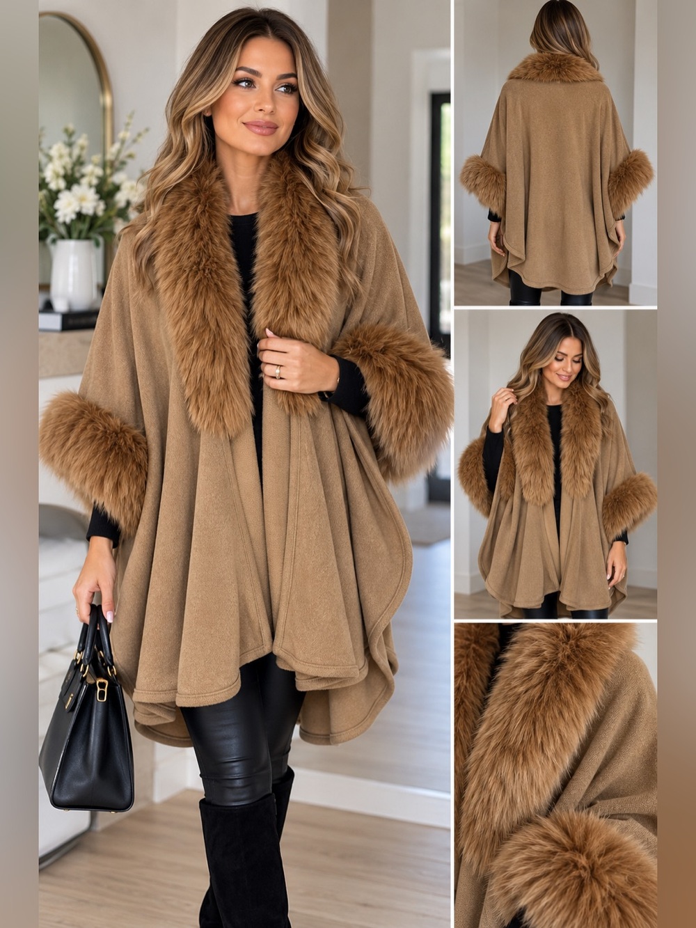 Faux-Fur Trim Cape Poncho Sweater - Camel one size NWT